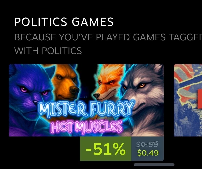 A steam screenshot showing mister furry hot muscles labelled "politics games"