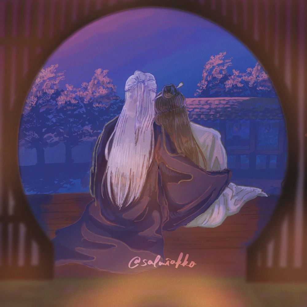 冬至の頃、早朝、燭台を背にして、阿絮と老温が濡れ縁に腰掛けています。阿絮は老温の左手を取り、老温は右腕で阿絮の身体を抱き、夜明けを待っています。