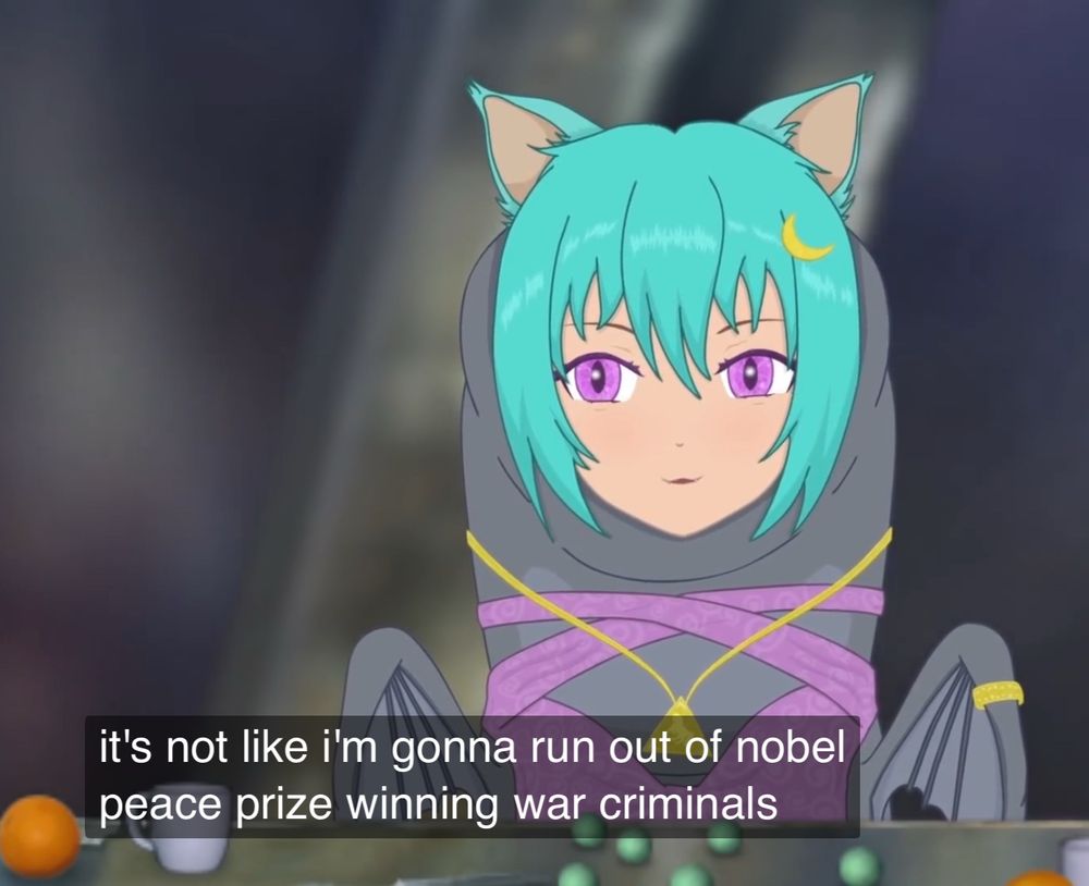 A screenshot from “Vulo Lives” by FilmCow of Vulo The Face Borrower with the caption “it’s not like I’m gonna run out of Nobel peace prize winning war criminals”.