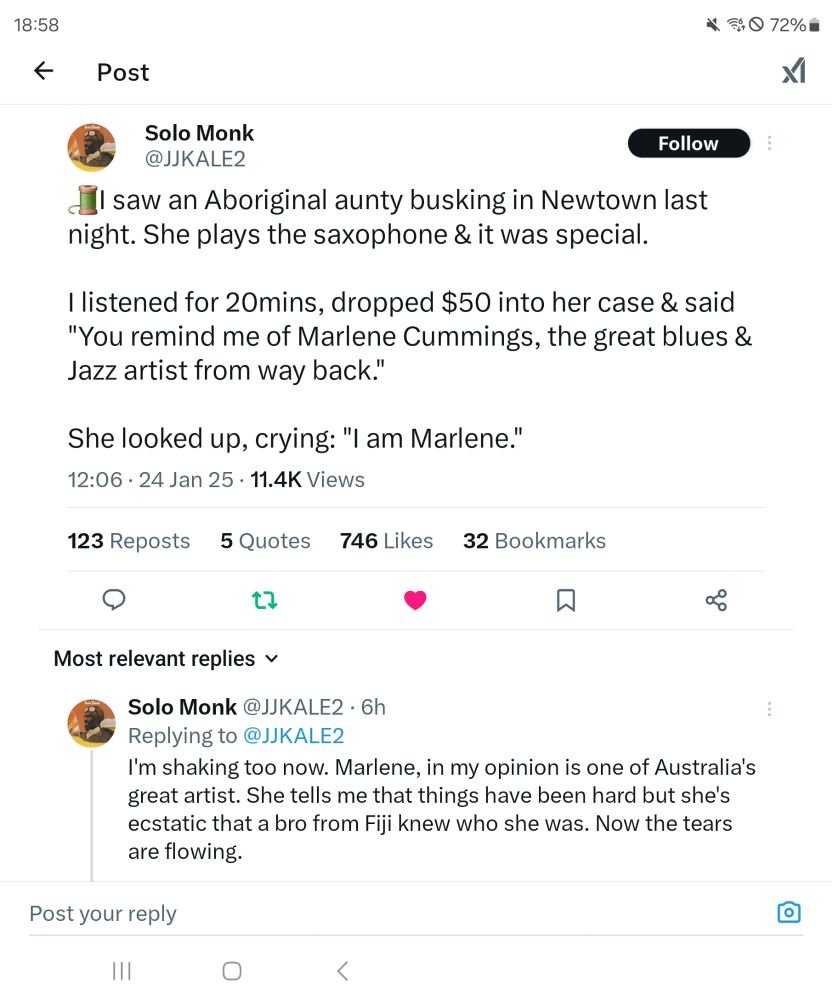 Screenshot of a Twitter post about seeing an Aboriginal Auntie busking in Newtown (Sydney). The guy stayed for a while, gave her $50 and said that she reminded him of jazz/blues musician from years ago, Marlene Cummings. The woman, crying, replied "I am Marlene".