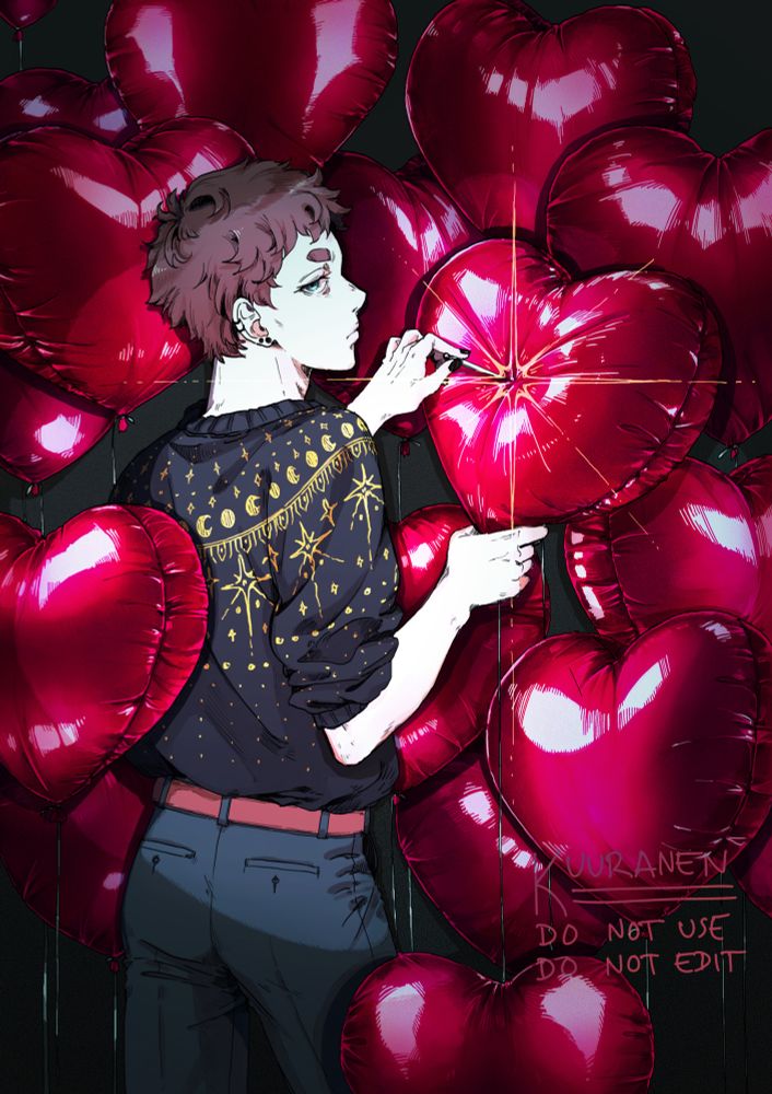 Illustration of a young man with short brown hair wearing a black jumper with yellow patterns of stars, the moon, and dots. He is surrounded by vibrant red helium balloons that are heart shaped. He’s holding of them and he has a needle pressed against it, ready to pop it at any second. He is listlessly looking at the camera with a bored expression. The space he is in is otherwise dark but the has a spotlight on him.