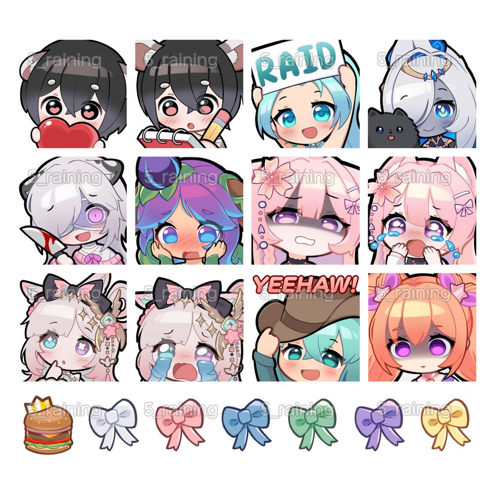 A collage of twitch emotes and badges drawn by 5_raining.
