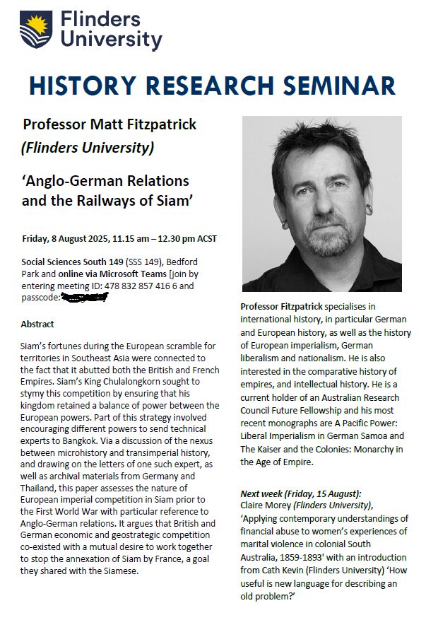 Flinders History seminar flyer for Matt Fitzpatrick, 8 August. 