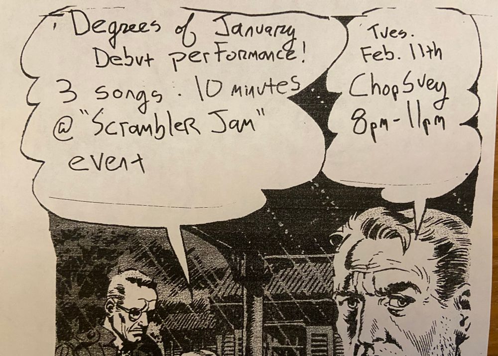 Cartoon flier with same gig info as the post. 