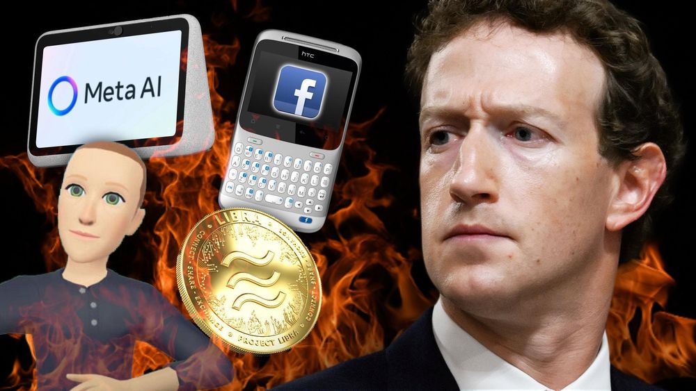 Thumbnail showing zuck looking at failed products like the Facebook phone, Libra, etc.
