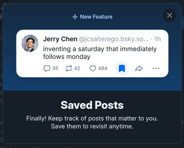 Bluesky's announcement of bookmarks/saved posts.