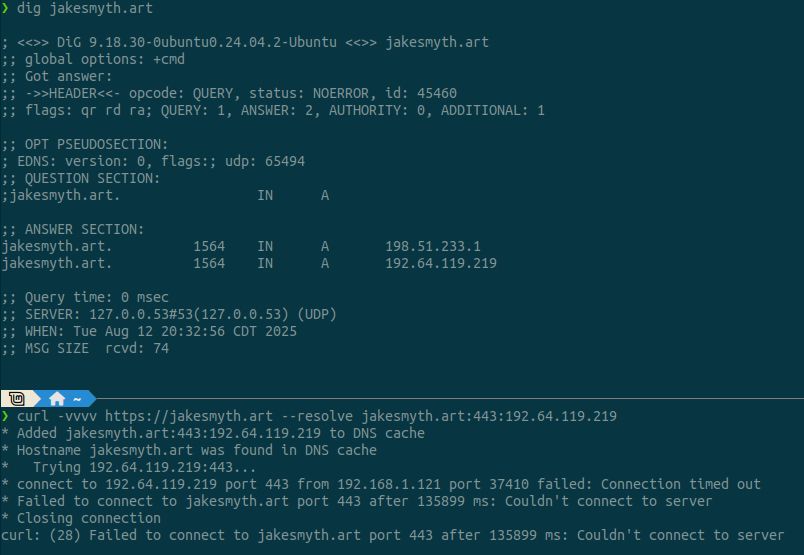 A screenshot of a dig command showing two IPs for the domain, followed by a curl forcing the domain to resolve to one of the IPs and eventually timing out.