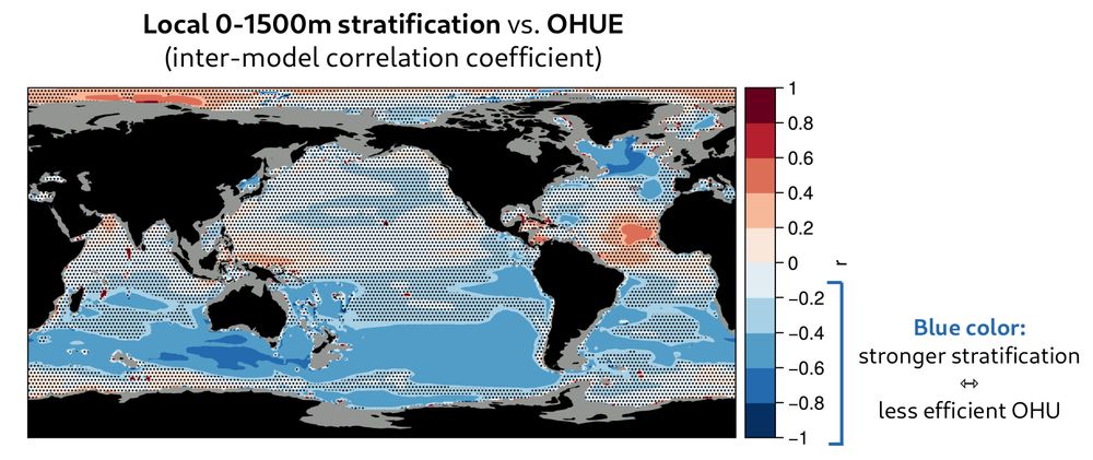 A map showing the inter-model correlation coefficient between local upper ocean stratification and OHUE. In the mid-latitude Southern Ocean and the subpolar North Atlantic, stronger stratification is associated with lower OHUE across models.