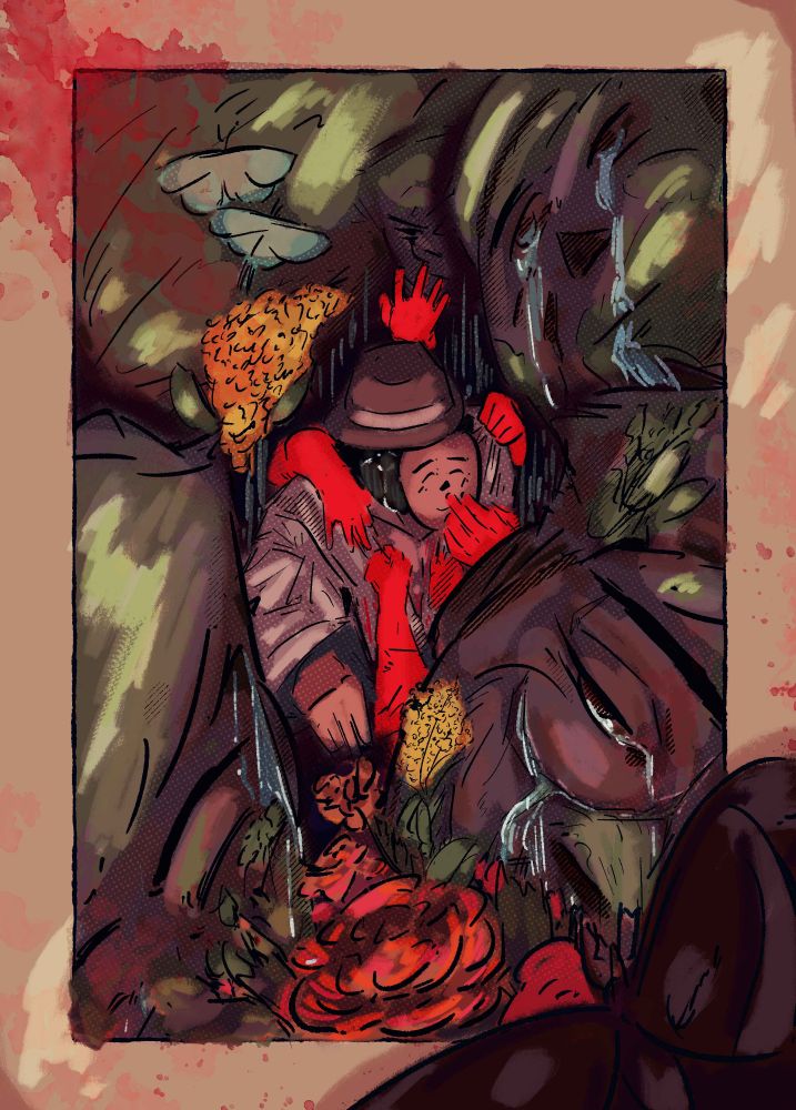 Surreal digital artwork that depicts Fitzer from Mighty Blue Steel inside a crevice between statues of mossy crying faces, removing his face like a mask, with red hands grabbing onto him. moths and orchids can be seen.