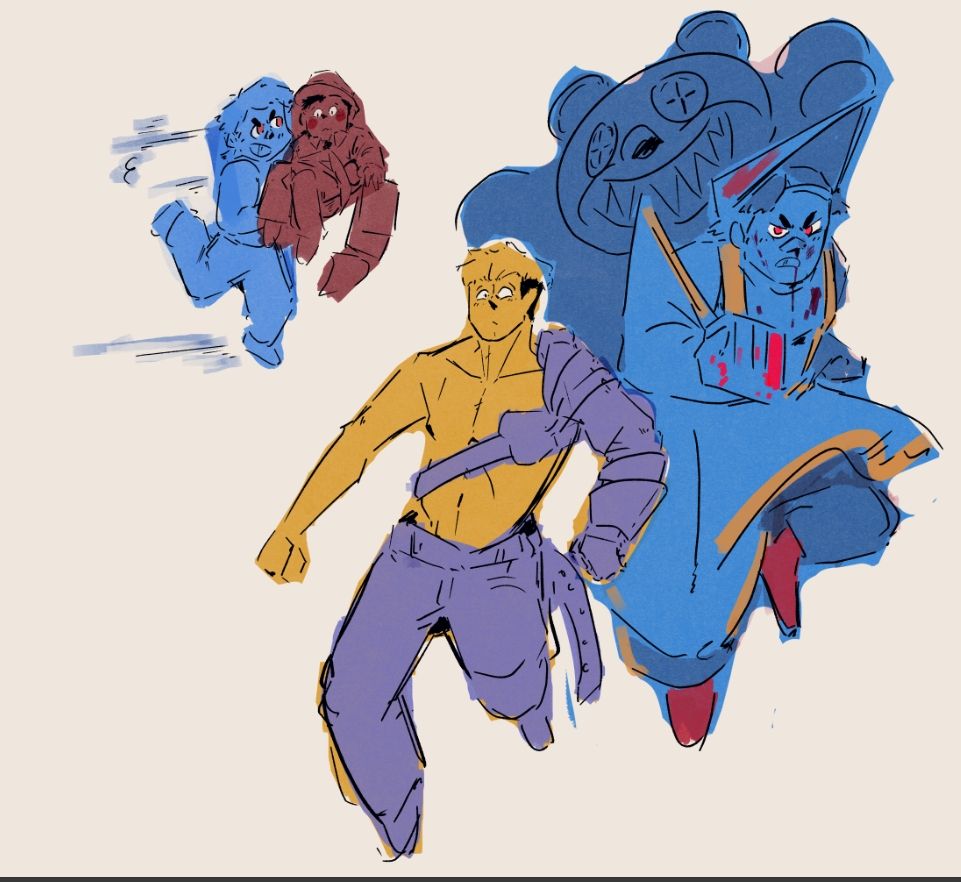 doodles of characters from mighty blue steel. 
tyrroth carries fitzer, gateau wears something from a fashion show i saw, and another tyrroth doodle
