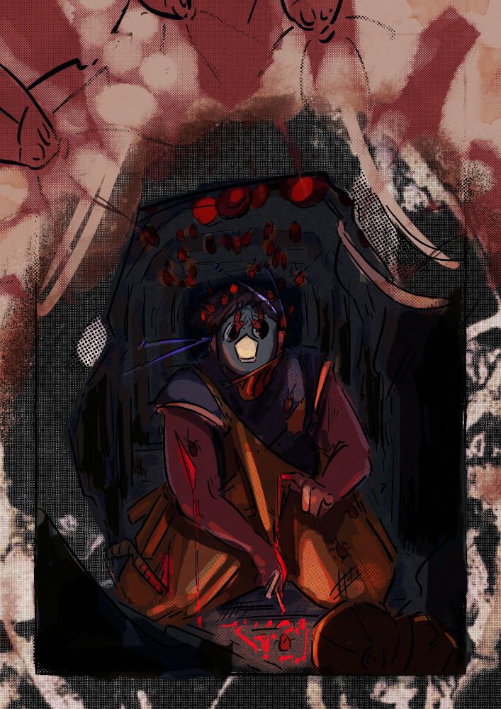 digital illustration of petrol from mighty blue steel sacrificing his blood to activate his angel blessing inside a cave, summoning cockroaches in the process. the paper around him decays in the process.