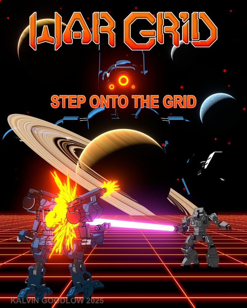 A stylized font displays the words "War Grid" with a tag line "STEP ONTO THE GRID" below it. Below, a giant robot blasts an exploding mecha with a bright pink laser while both stand on a glowing orange grid field. In the distance, planets rise in black sky filled with red stars while the image of another giant robot overlooks the whole scene with 3 glowing lenses on its face.