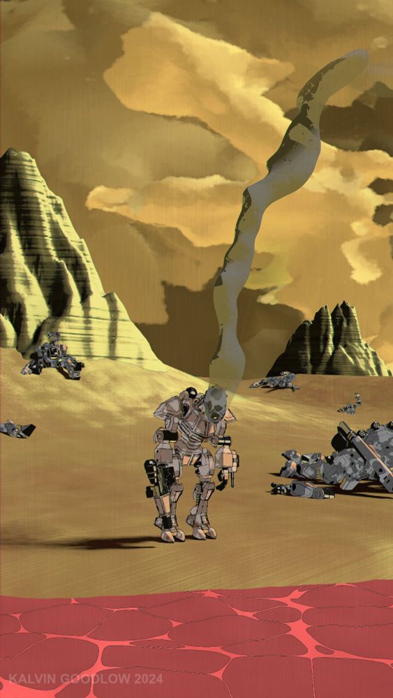 A mecha stands at the shore of a red liquid sulfur lake in the foreground of a sandy, yellow Venutian landscape. Its cockpit/head area has been destroyed and billows a single column of smoke into the cloudy yellow sky. Various other destroyed mecha lay half-buried in the sulfuric yellow sand.