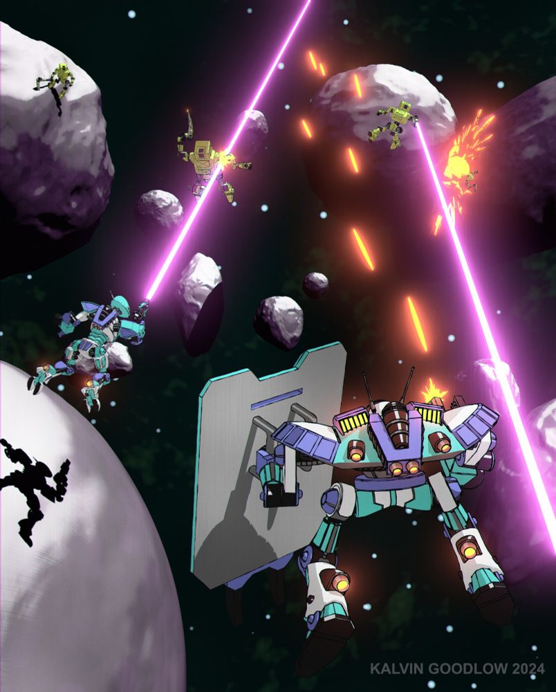 Several mecha battle one another while flying in a field of asteroids of varying size in space. Two trade bright pink lasers shots while another fires a machine gun with glowing orange tracer rounds streaming behind its protective shield. One mecha in the distance is smashed by two of the asteroids in a bright orange explosion. One mecha clings to an asteroid using a sickle-like rock pick.