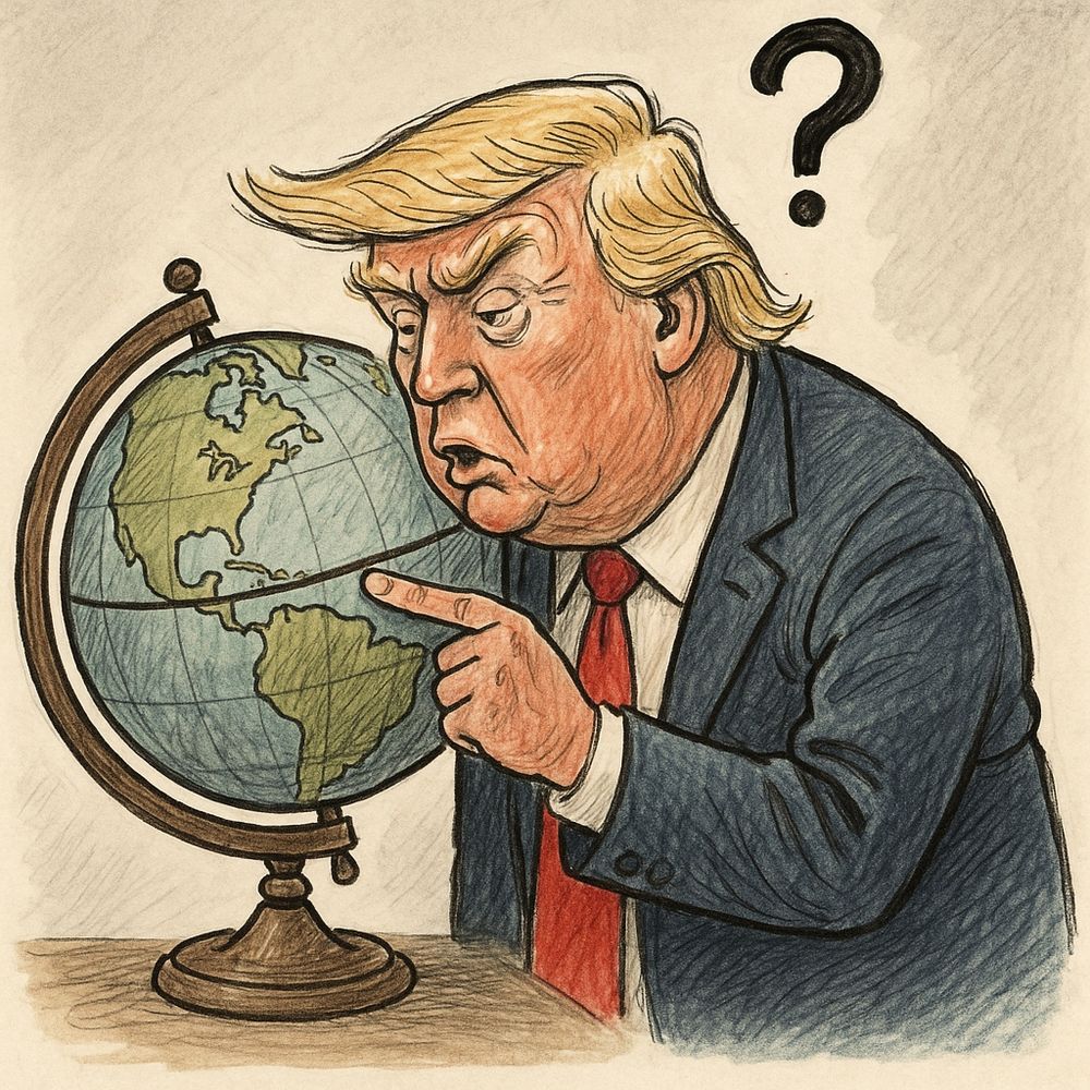 A political cartoon shows Donald Trump with exaggerated features, pointing at the equator on a globe. He looks confused, tilting his head as if questioning what it is. The scene satirizes his lack of scientific understanding.