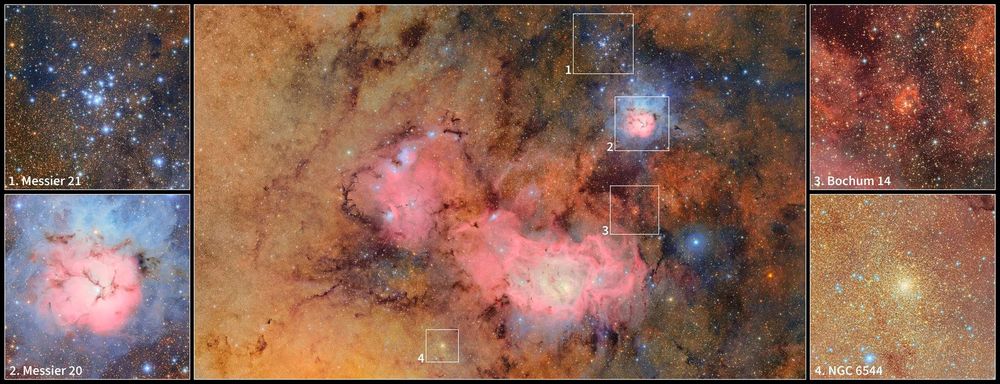 En la parte central, Nebulosa de la Laguna, con regiones señaladas ampliadas en los laterales. Arriba a la izquierda detalle de Messier 21, un cúmulo estelar abierto. Abajo a la izquierda, detalle de la nebulosa Messier 20. Arriba a la derecha Bochum 14, otro cúmulo estelar abierto. En el último detalle, abajo a la derecha, el cúmulo globular NGC 6544.