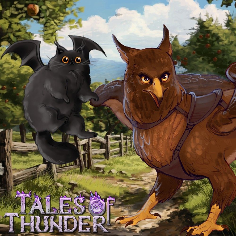 An image of a big fluffy black cat with yellow eyes and bat like wings floating next to a cinnamon colored griffon with yellow eyes, talons and beak. The bottom right reads Tales of Thunder.