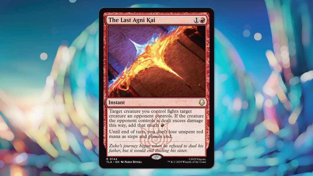 A new card from the upcoming #MTGxATLA set.
Name: The Last Agni Kai
Cost: {1}{1R}
Type: Instant
Card text: Target creature you control fights target creature an opponent controls. If the creature the opponent controls is dealt excess damage this way, add that much {1R}.Until end of turn, you don’t lose unspent red mana as steps and phases end.
Flavor text: Zuko’s journey began when he refused to duel his 
father, but it would end dueling his sister.
Rarity: Rare
