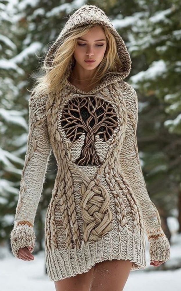 A stock photo of a woman wearing a neutral tone, beige, comfortable sweater that has cut-out's to create a "Tree of Life." It's hooded & thigh length & was bought at a small, locally owned store. It's now sold out in this color and size. 