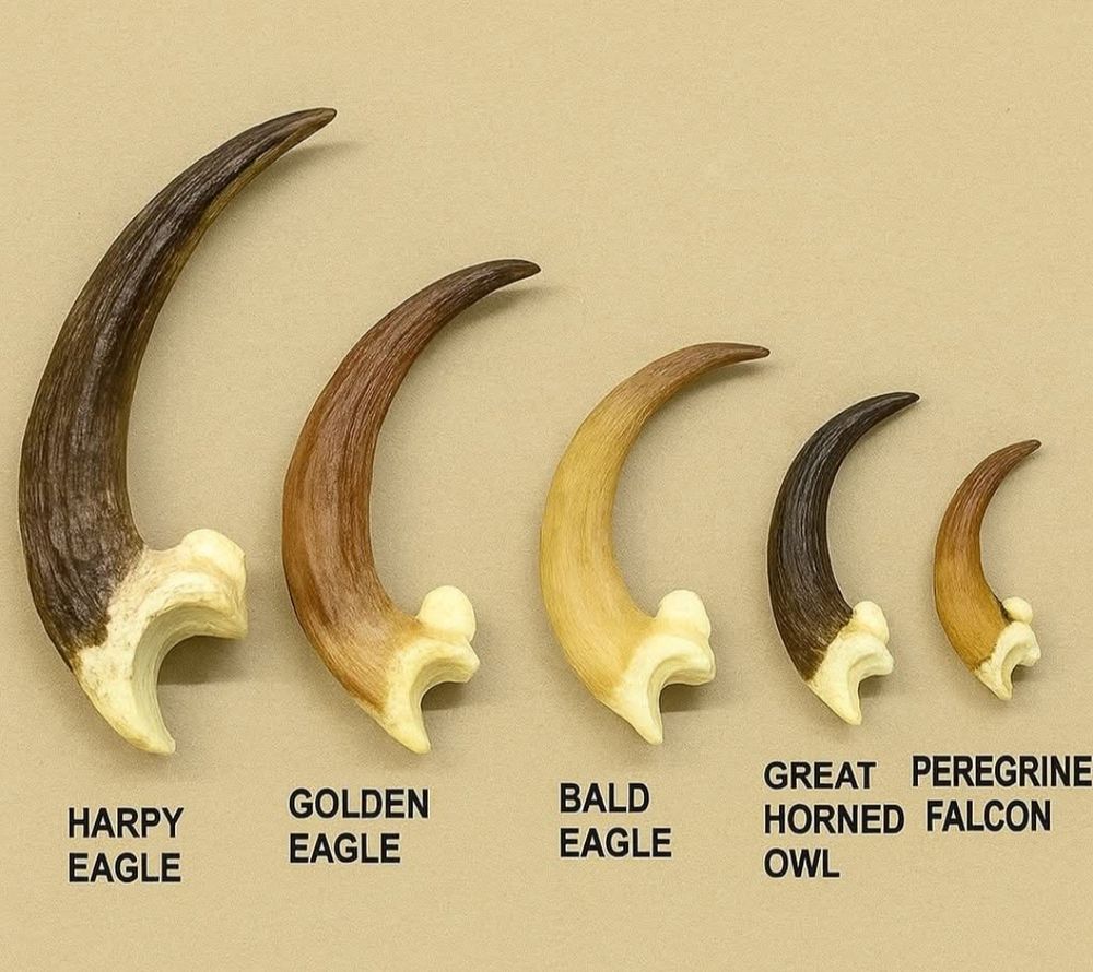 A stock chart displaying the size of claws between 5 different birds, ranging from largest to smallest; 3 Eagles, an Owl & a Falcon.