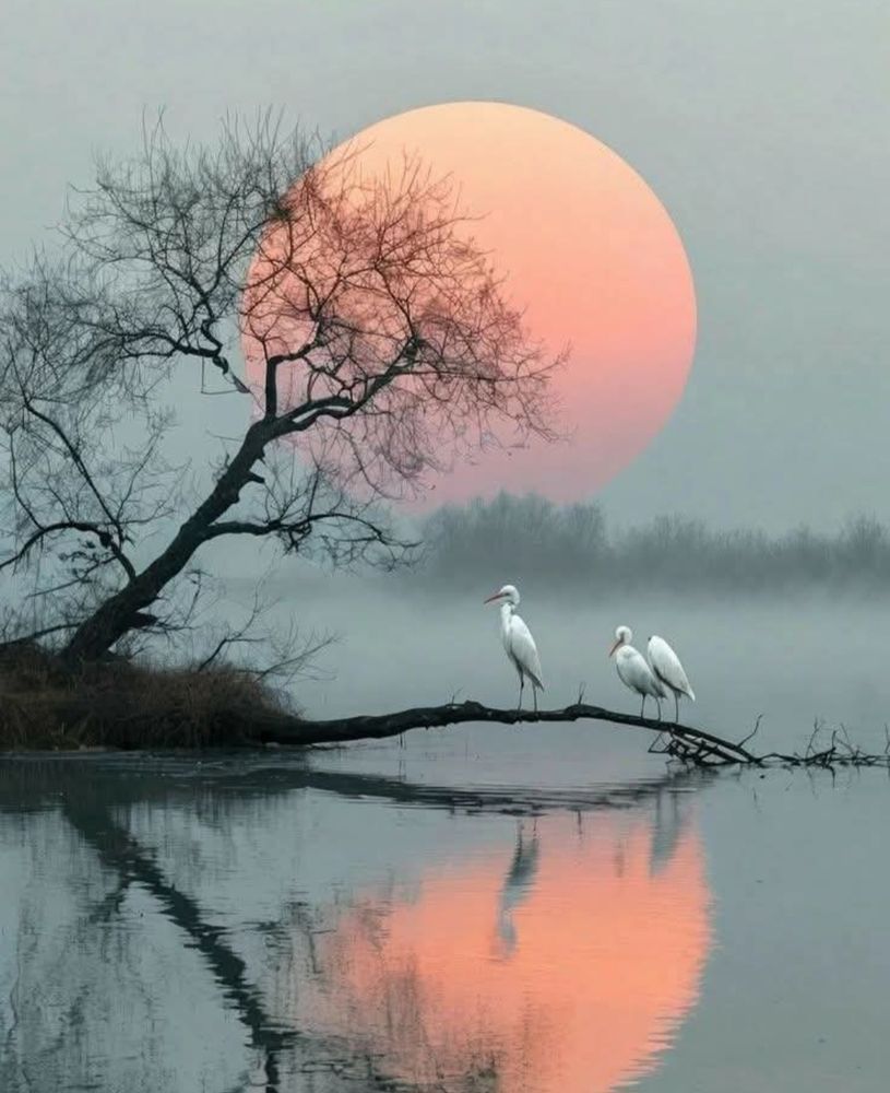 A color photo of landscape in Germany that captured three Egrets perched on a branch above water that reflects a pink moon on a mitsy night. The water is still & calm, the tree in the photo is bare of leaves.