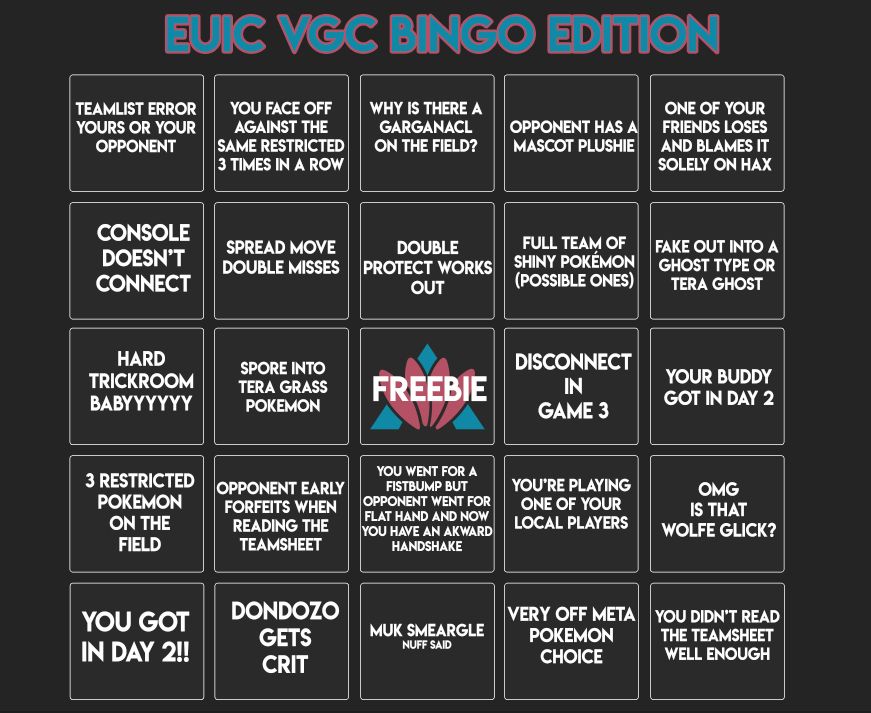 Bingo sheet of things that are more or less likely to happen to VGC players competing at EUIC, such as "getting Day 2", "disconnect in Game 3" or "you didn't read the teamsheet well enough"