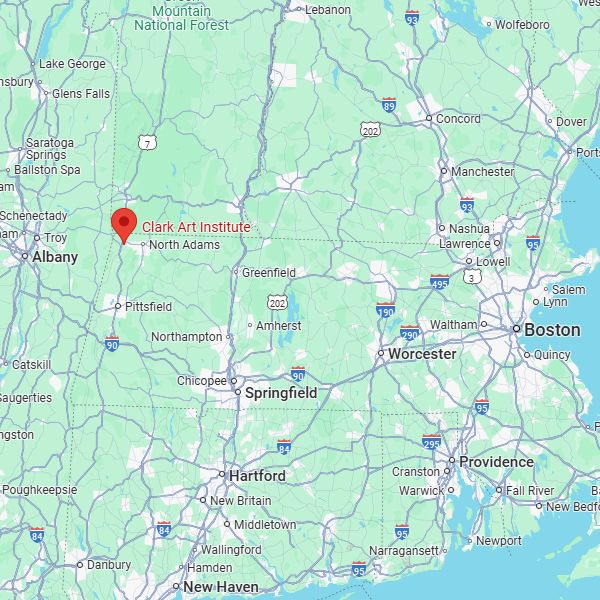 A partial map of New England, show the location of The Clark Art Institute in Williamstown (the extreme northwest corner of Massachusetts).