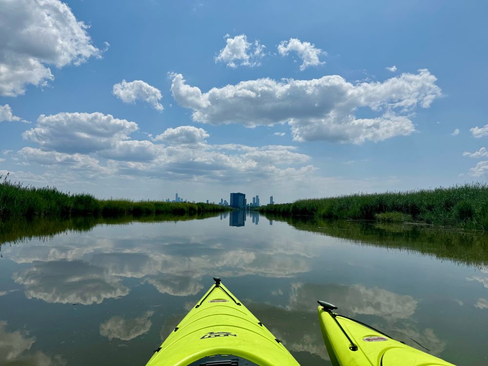 A tranquil scene of two bright yellow kayaks on a narrow, calm waterway flanked by tall green grass on either side. The water reflects the blue sky with scattered white clouds. In the distance, a city skyline with tall buildings is visible under a clear horizon.