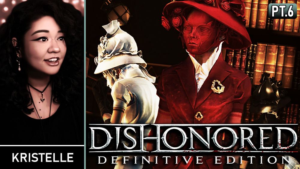 L: Reaction Image of Kristelle
R: "DISHONORED - Definitive Edition" [Part 6] Gameplay img of the 3x characters 'Lady Boyle' in white, red, black; standing infront of bookshelf.