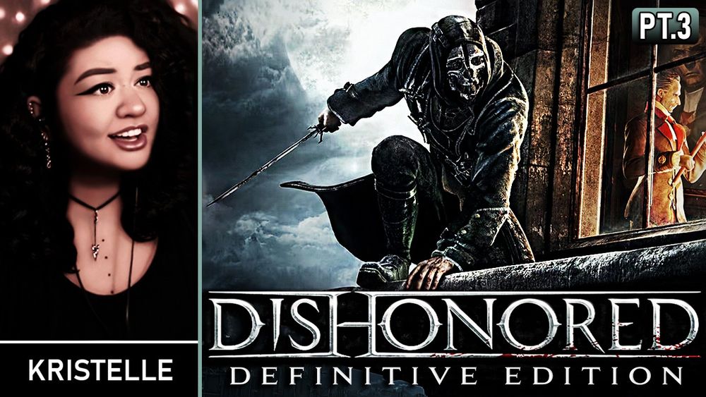 L: Reaction Image of Kristelle
R: "DISHONORED - Definitive Edition" [Part 3] Gameplay img of main character 'Corvo' w/ skull mask on, perched on a window's ledge outside.