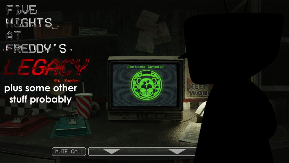 In the front is my vtuber character in this year's Halloween costume, but they're in silhouette. In the background is the gameplay of FNaF Legacy, with the game's logo in the top left. The text underneath it says "plus some other stuff probably".