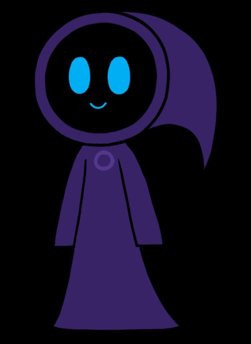 My vtuber character. They're a mage in a purple cloak. They have a long hood and a lighter purple ring on the chest. Their face is hidden by shadow, but you can see blue eyes and a mouth. They are smiling,