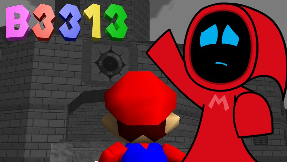 In the front is my vtuber, but they have a red cloak and a nervous expression. They are jumping like Mario. In the back is gameplay of B3313, with the hack's logo in the top left. 