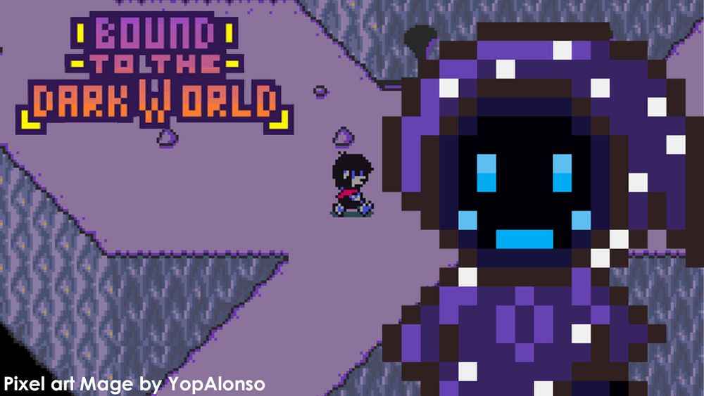In the front is my vtuber character, but in the style of Earthbound. In the background is gameplay of Bound to the Dark World, with the hack's logo in the top left. In the bottom it says Pixel art by YopAlonso. 