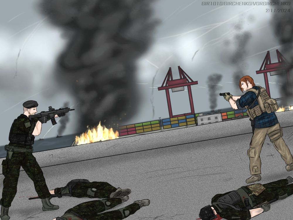 Praesidia commander Anna -Anaconda- Shtykova and Exu commander Ciaran -Black Mamba- Brightsworth points their firearm at each other, after the former denied the latter's means of escape. In the background, The Exu stronghold on the port of Marau, crumbled. Exu warships and cargo vessels made a run, despite half of them were sunk by coalition aircrafts' missile strikes while attempting to escape. CIWS barrage and fighter jet contrails blanketed the sky.