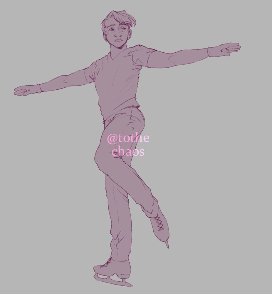 viktor nikiforov in ice skates. his arms are out at his sides, with his weight on his right foot, and his left leg up. he looks to his left, his hair catching in the breeze. he is colored a flat, gray-ish pink