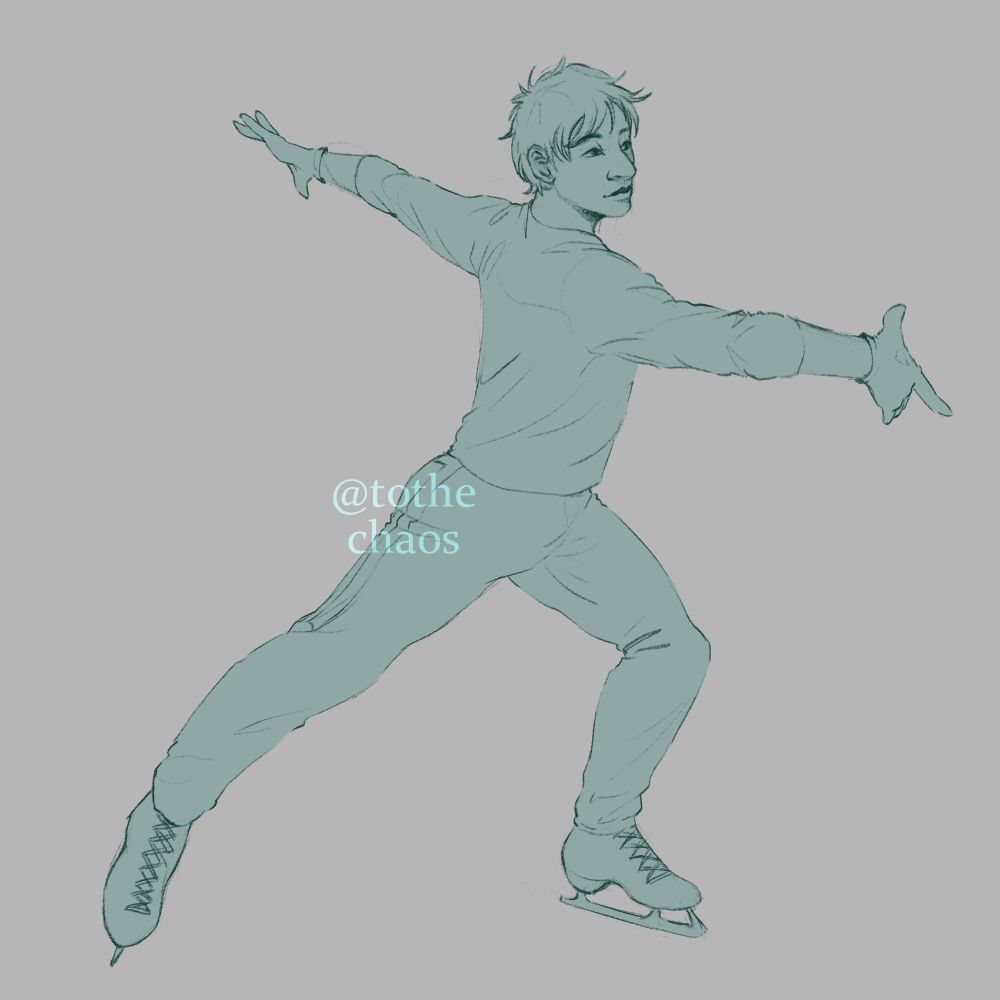yuuri katsuki in ice skates. his weight mostly rests on his left leg, his right leg out to the side. his torso is twisted away from the viewer while he looks forward, his right arm out in front of him and his left arm thrown behind him. he is colored a flat gray-ish teal