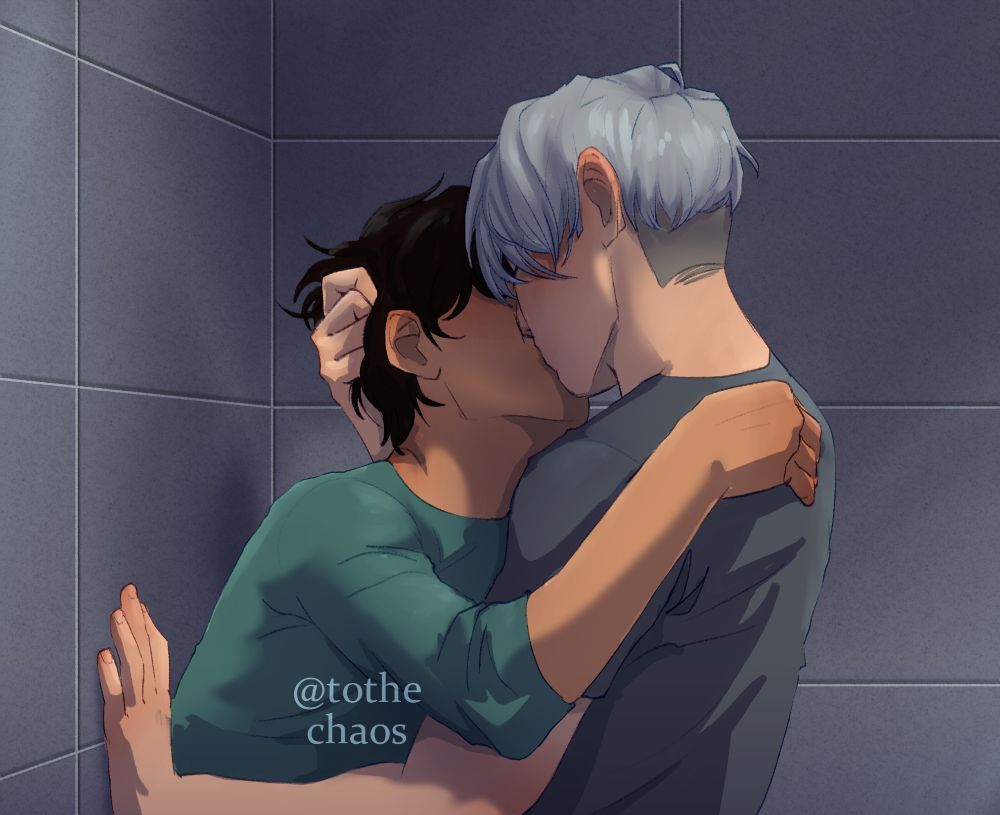 a colored image of viktor nikiforov and yuuri katsuki from yuri on ice, visible from the waist up, kissing in the corner of a tiled room. yuuri has his back against a wall and one arm over viktor's shoulder, and viktor has one hand braced against the wall and the other tangled in yuuri's hair. neither of their faces are visible, and they are in simple workout clothes