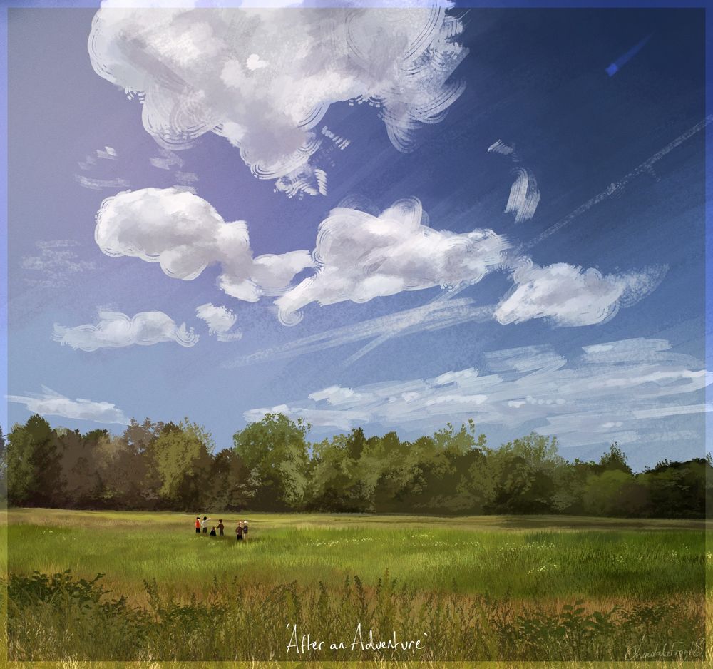A painting of a landscape of a green, sunlit field with a row of trees at the back. The painting shows a blue sky with a few thick clouds. There is a blue rectangular smudge in the top right corner of the sky. There are six figures in the distance on the field, one of them is pointing at the sky. The text 'After an Adventure' is written at the bottom centre of the painting.