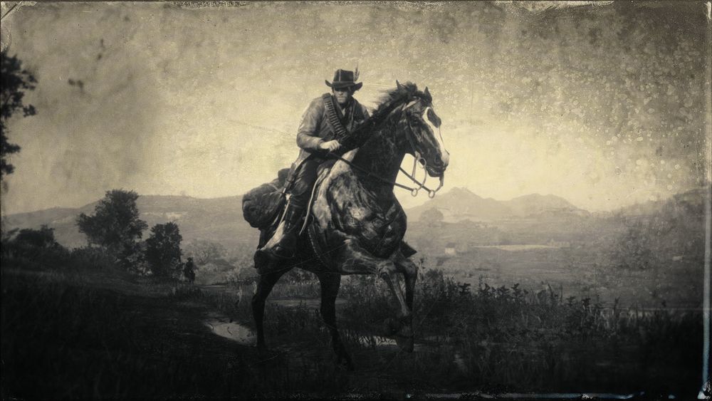 Arthur riding his horse at a gallop towards the camera through the Heartlands in New Hanover with a daguerreotype filter.