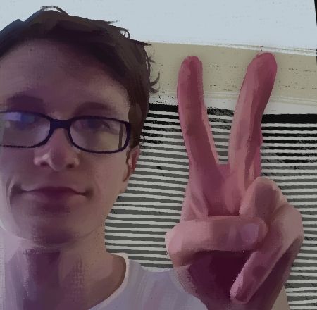 A painting of Scott Wozniak making a peace sign at the camera with one hand. He is staring blankly at the camera. Only half of his body is visible. 