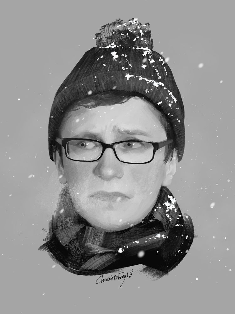 A completely greyscale painting of Scott Wozniak wearing a woolly hat and a scarf. He is looking off to his right with a slight frown. His cheeks and nose are rosy from the cold, there are small flakes of snow on his woolly garments, and there is cold air coming from his nose. Snow falls in the background and partially in the foreground.