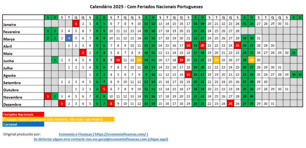 Calendário 2025 em Excel com Feriados - Portugal - Economia e Finanças