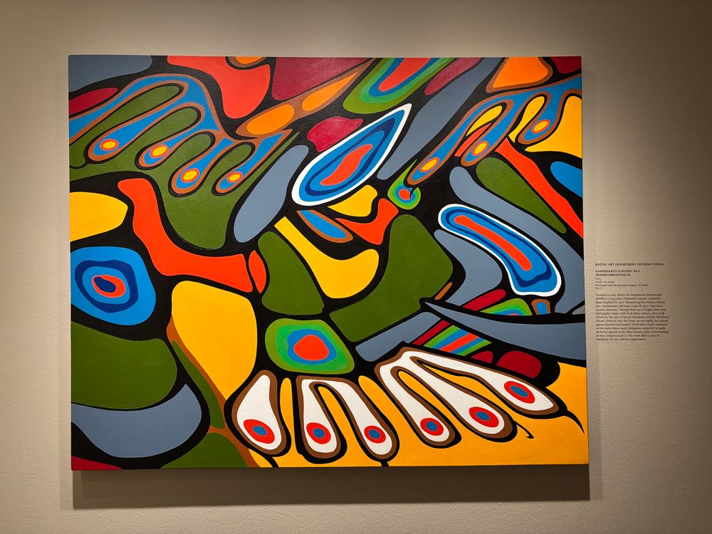 A modern piece by art collective
NATIVE ART DEPARTMENT INTERNATIONAL
AANZINAAGO (CAUGHT IN A
TRANSFORMATION) 01
2024
acrylic on canvas

Using very bright colours, the shapes are familiar and inspired by artists like Morrisseau with black outlines but stretched and warped. The colour palette is mostly deep yellow, orange, red, blue, white and green.

Founded in 2016, Native Art Department International (NADI) is a long-term collaborative project created by Maria Hupfield (b. 1975, Wasauksing First Nation, Martin clan, Anishinaabe) and Jason Lujan (b. 1971, Chiricahua Apache, Mexican). Through their use of bright colour and bold graphic shapes with thick black outlines, their work references the style of Norval Morrisseau and the Woodland School. However, here the forms are not legible, but instead appear distorted and warped. NADI often wryly comments on the expectations many Indigenous artists feel to make work that appeals to the often-narrow settler understanding of what Indigenous art is. This work offers a taste of familiarity but also subverts expectations.