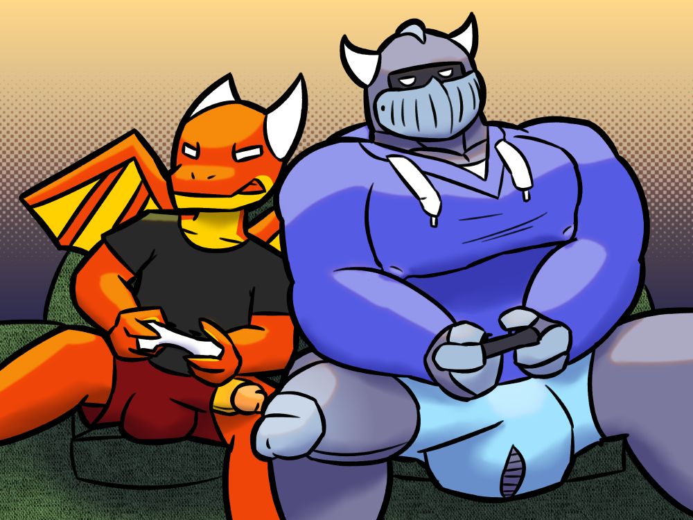 A dragon (Oz, left) and a comfy knight (Knox, right) are playing video games on a couch. Both have a large erection emerging from their boxers, with Knox's balls tearing at the seams.