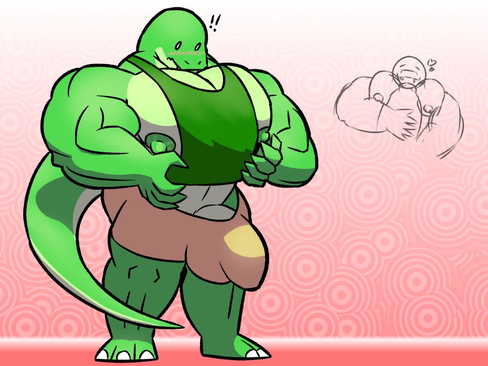 A hyper muscular and endowed anthropomorphic lizard (Bono) is standing, looking at his stature surprised and blushing as if it is new to him. He is wearing an ill-fitting tank top and shorts revealing the base of his cock.
