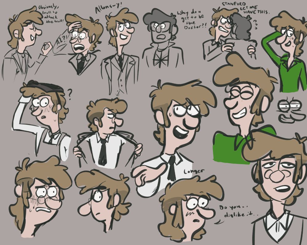 many drawings of young fiddleford mcgucket from gravity falls. in one comic, fiddleford is dressed as the 10th doctor. stanford responds "why do you get to be the doctor??" fidd replies "STANFORD LET ME HAVE THIS."