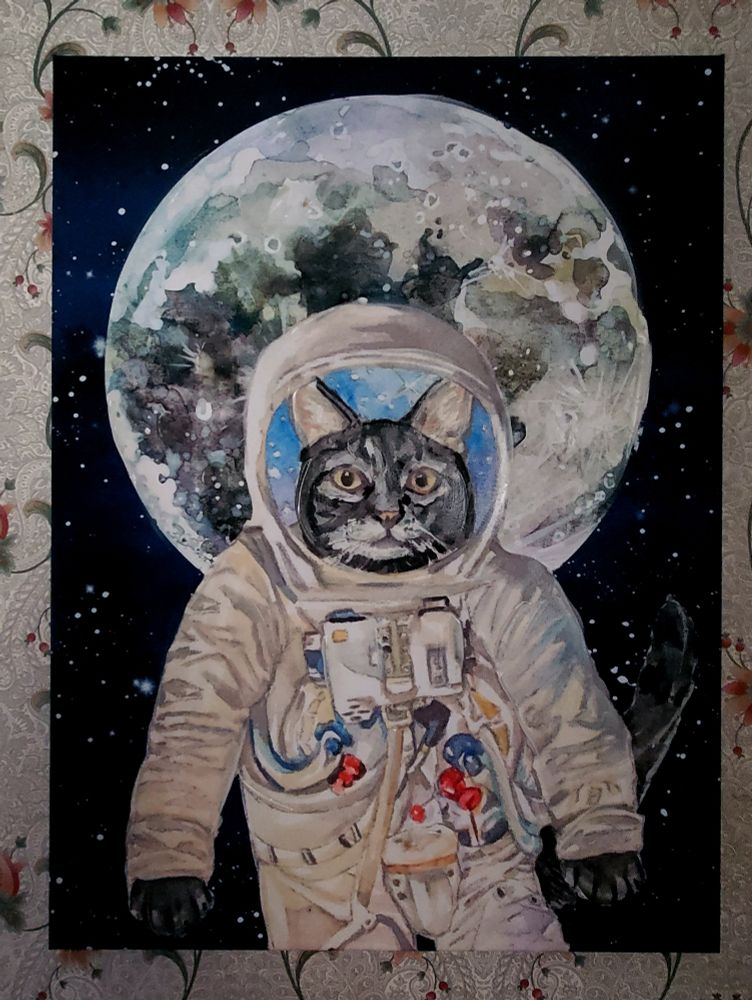 A painting of a cat in a spacesuit in front of the full moon.