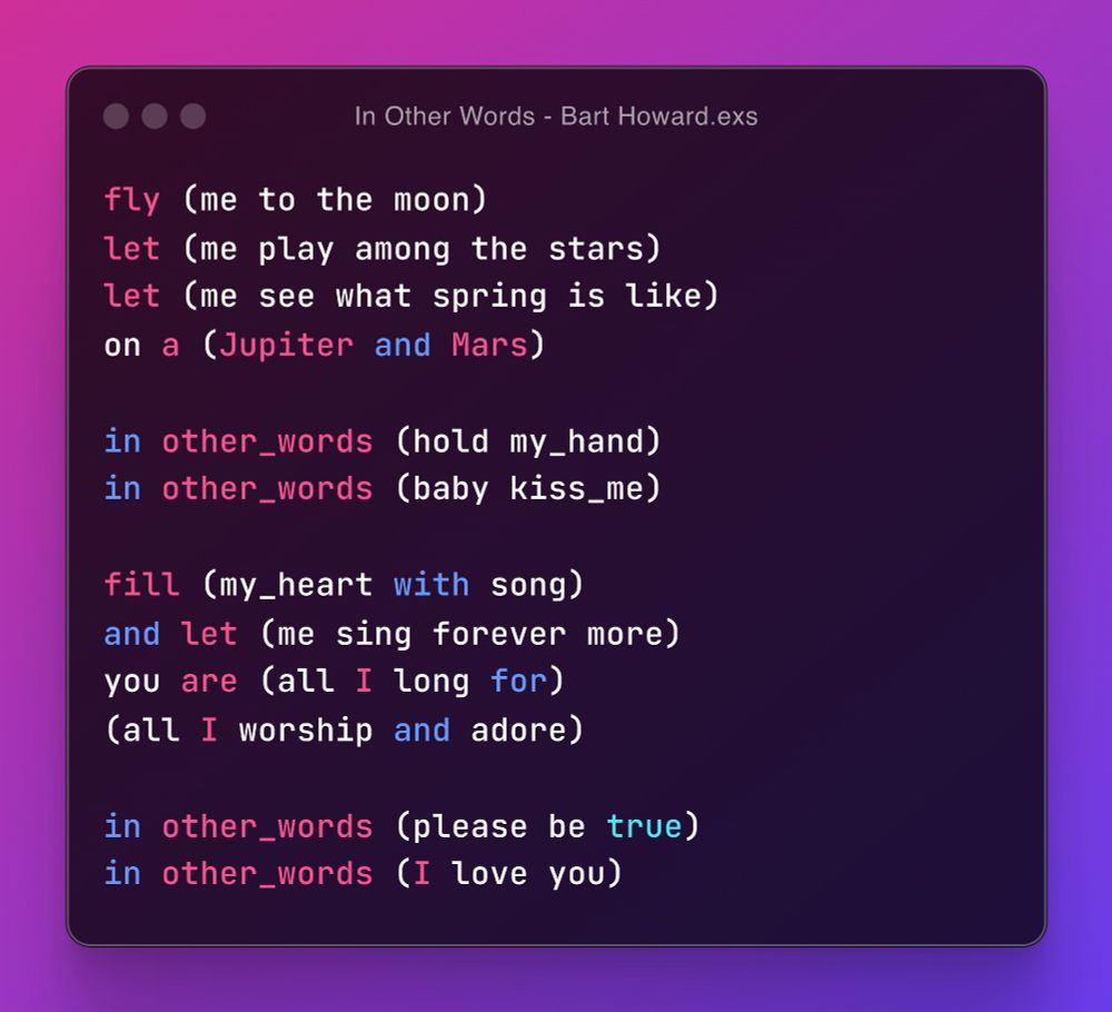 "Fly Me to the Moon" lyrics highlighted as Elixir code.