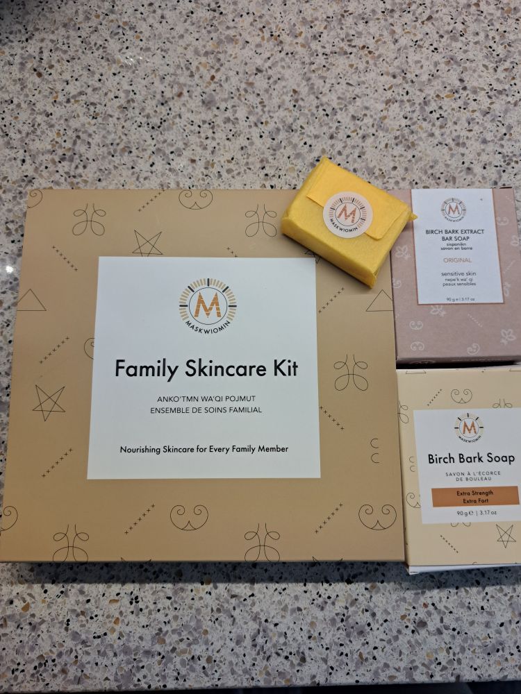 Family skincare kit and birch bark soap from the brand Maskwiomin